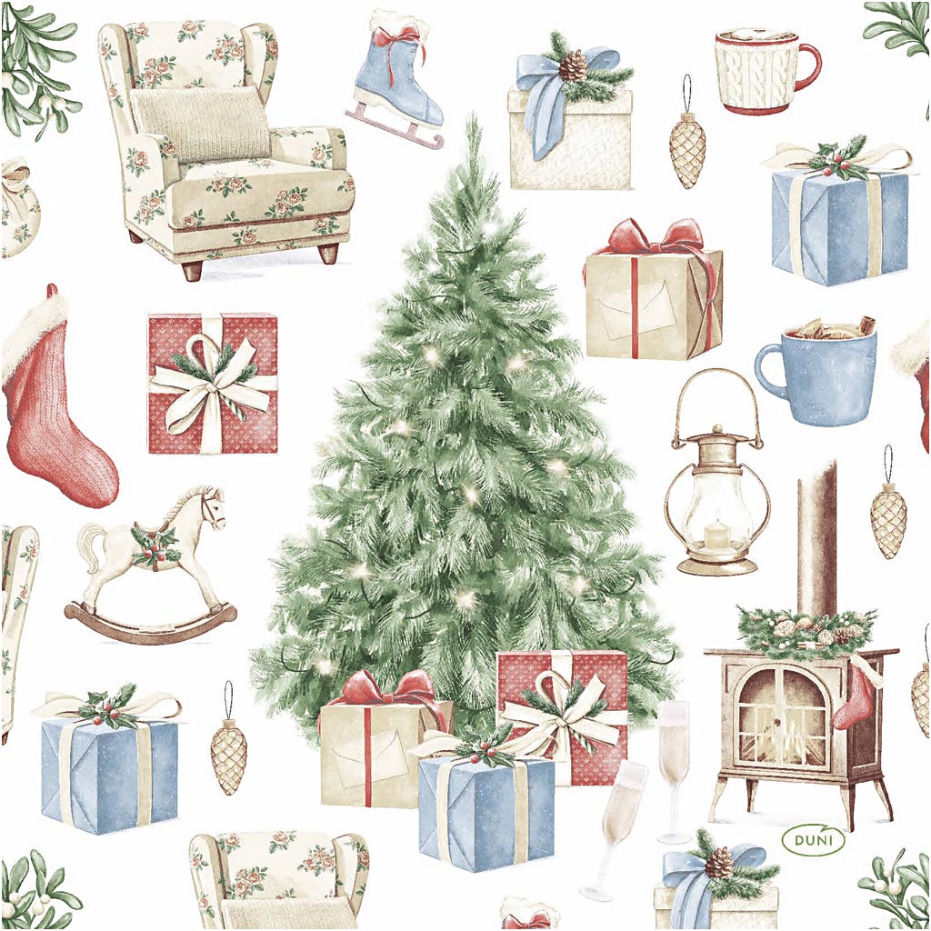 Servetten, kerstboom met cadeaus, afm 33x33 cm, 20 stuk 1 doos