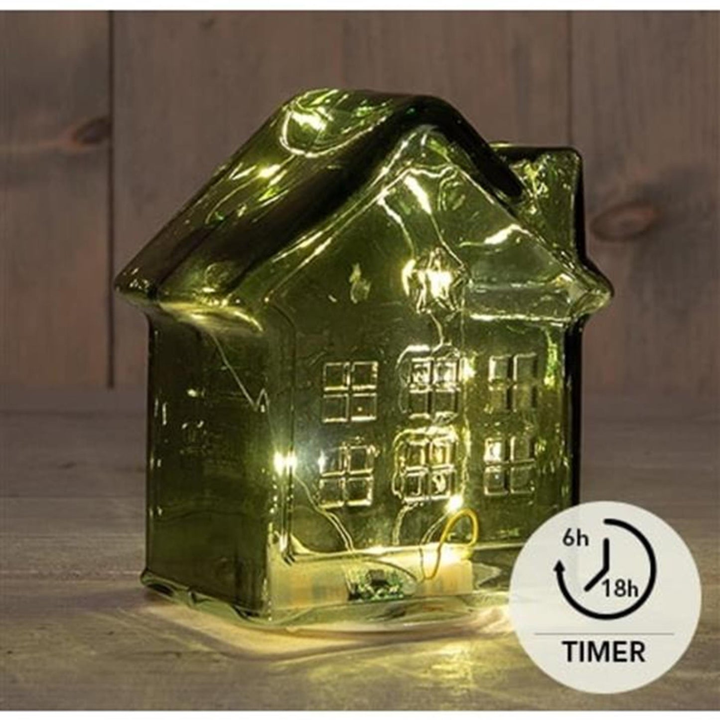 Anna's collection 10led huisje glas 3xaaa batterij met timer 12,5x7,5xh14cm groen