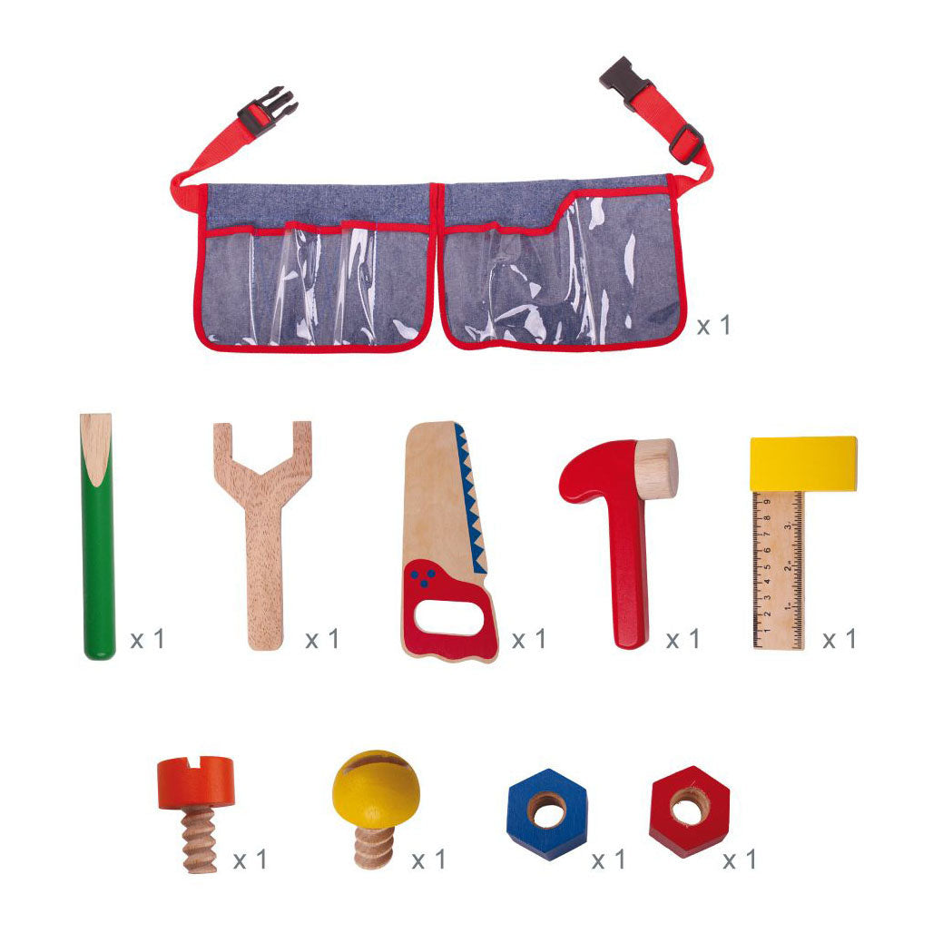 Bigjigs toys rode gereedschapsgordel met houten gereedschap - bigjigs - met klipsluiting - 10-delig
