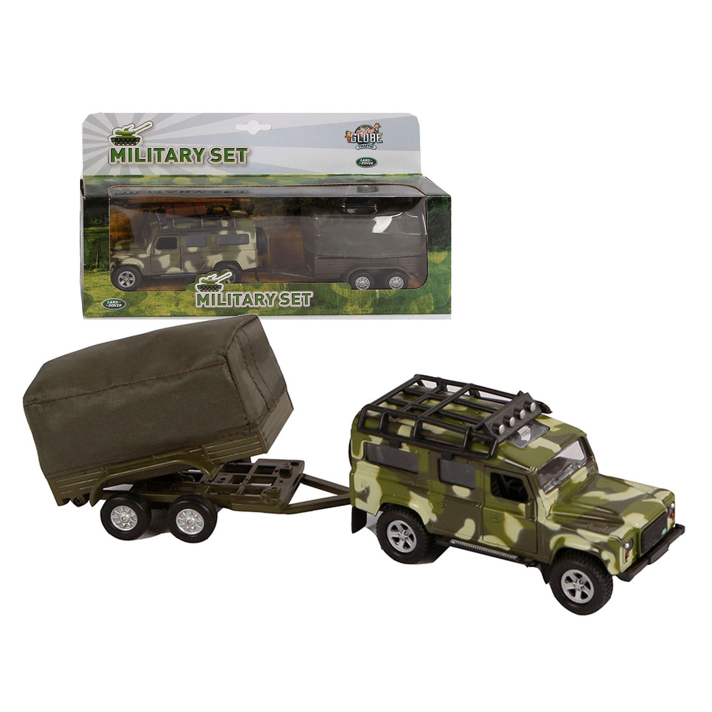 Kids globe land rover met aanhanger military die cast pb 27cm