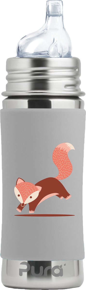 Pura tuitfles 325 ml - tuitbeker - meegroeiend - plasticvrij - vaatwasserbestendig - inclusief siliconen tuit, reisdop en sleeve - vossen sleeve