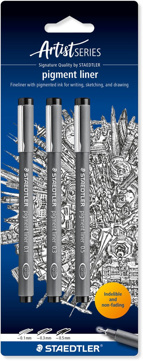 Staedtler - artist series - pigment liner 308 fineliner - kaart met 3 stuks - zwart