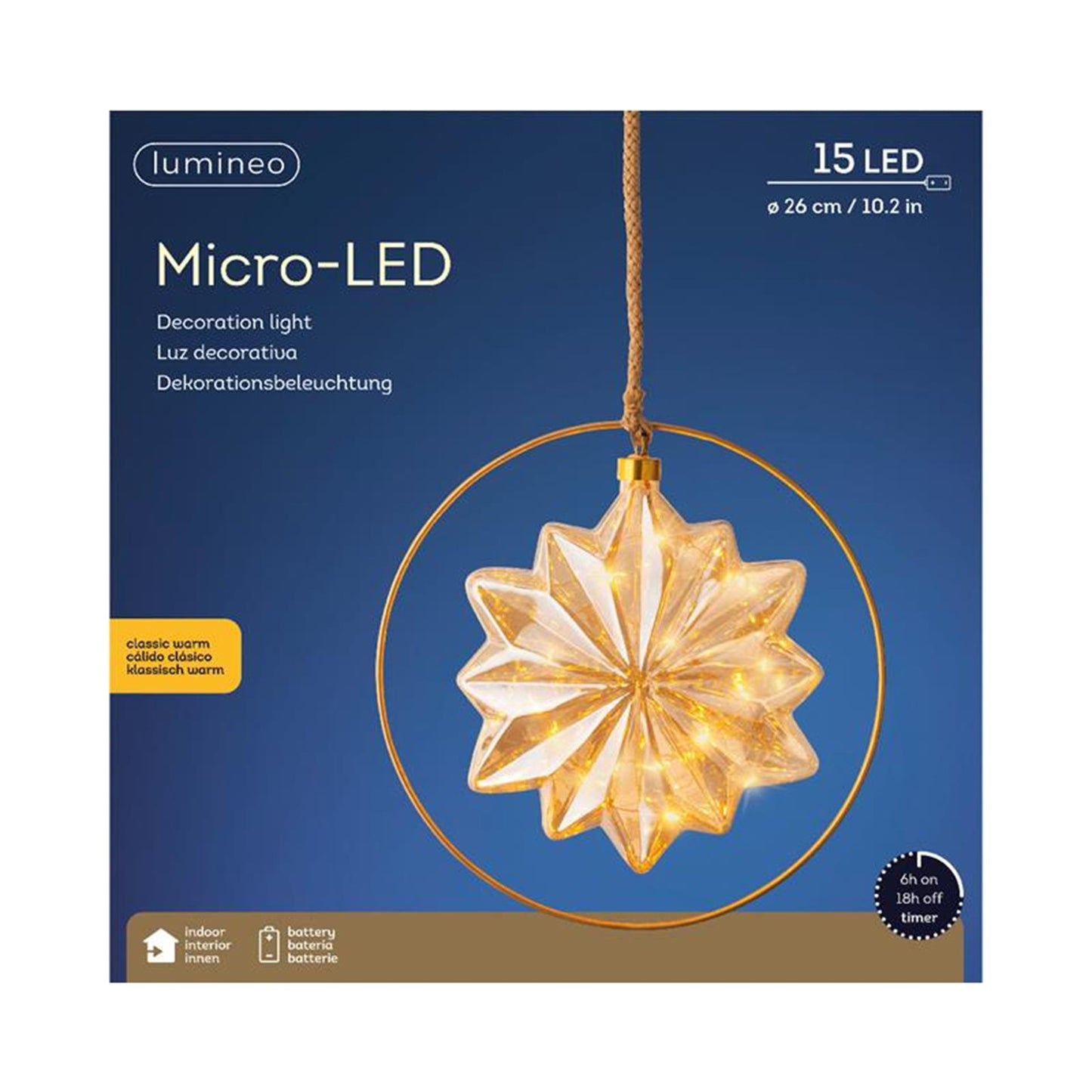 Lumineo led ster glas met 15 micro led lampen in een metalen ring- ø 26cm werkt op batterij met timer