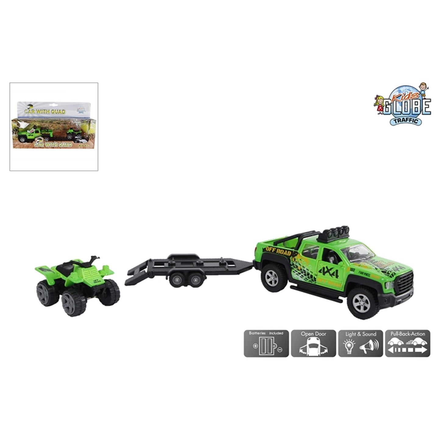 Kids globe terreinwagen met trailer met quad licht geluid 29cm