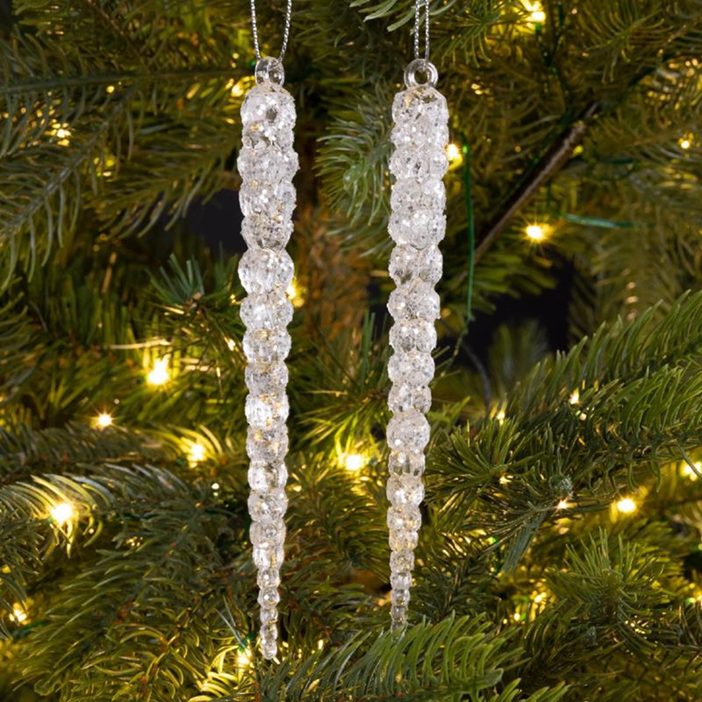 Decoris kersthanger ijspegel acryl met glitter transparant zilver dia1,5cmx14,5cm set a 2