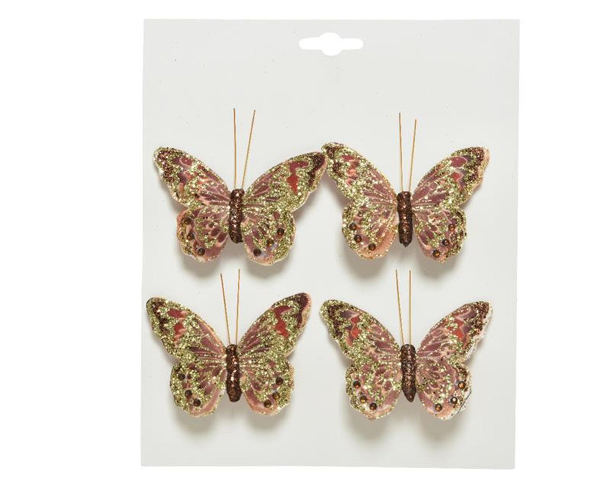 Decoris vlinder stof op clip roze set a 4 stuks