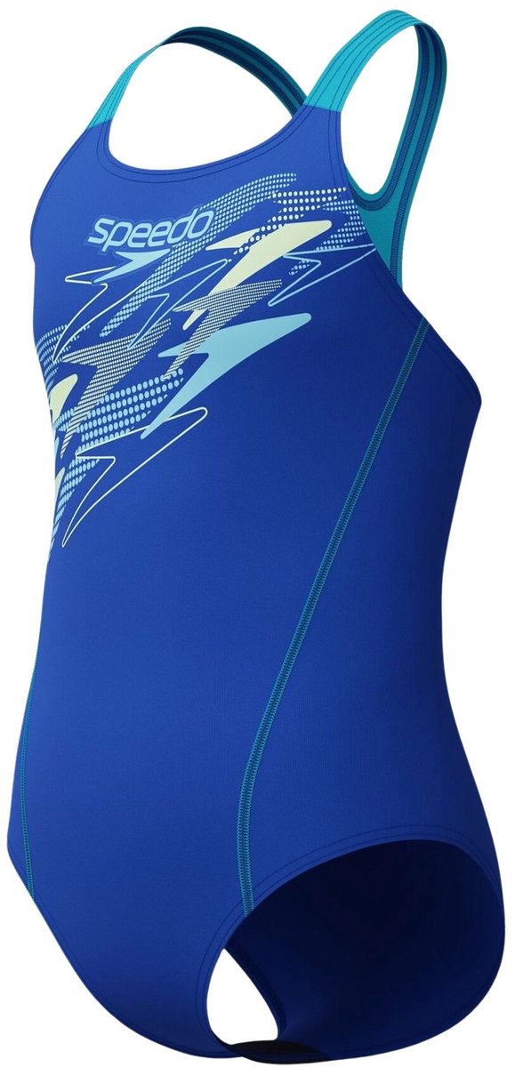 Speedo medley logo medalist meisjes sportbadpak - badpak meisjes met stretch - vormvast zwempak meisjes - sportbadpak meisjes met medalist-bandjes - blauw paars - 176