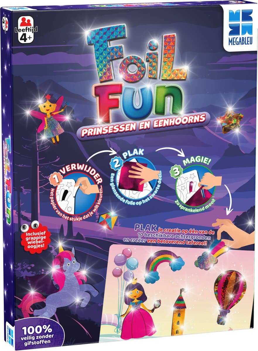 Megableu foil fun: prinsessen en eenhoorns - creatief knutselspel voor kinderen - knutselen met folie en stickers - kunstwerkjes maken zonder knoeien