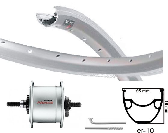 Kgs voorwiel 28 inch (622) velg zilver naafdyn+r.brake 6v-3w vaste as
