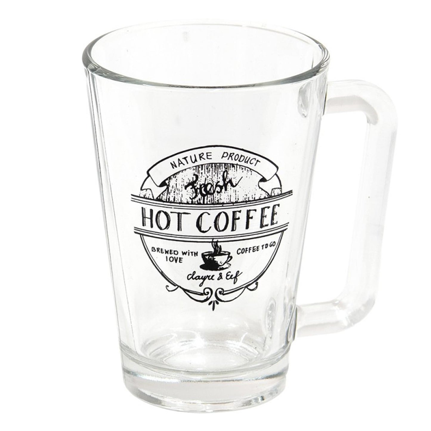 Clayre eef transparant glazen mok met een zwarte tekst hot coffee 11x8x12cm 250ml