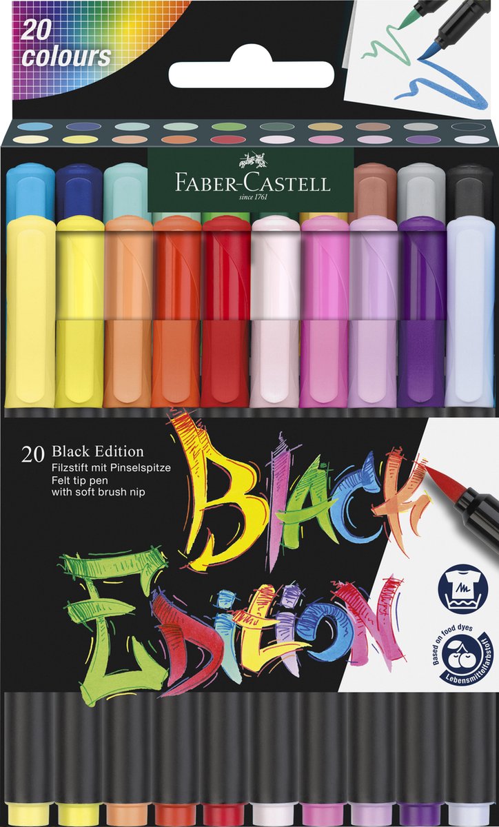 Faber-castell brushpennen - black edition - 20 kleuren in karton etui - fc-116452