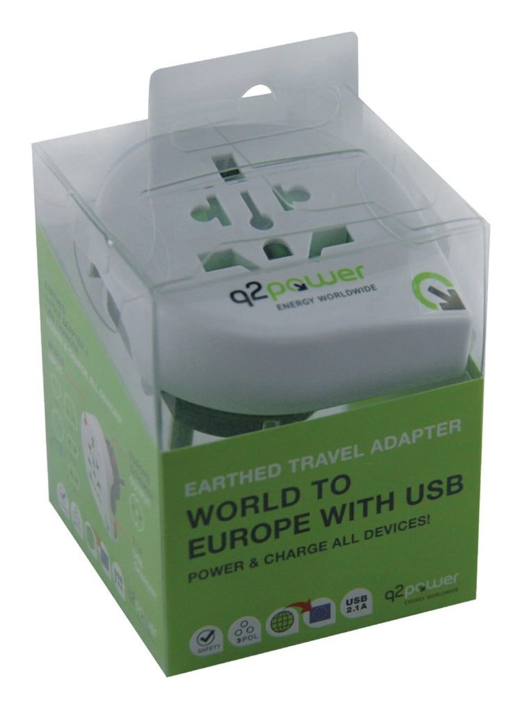 Q2 power 1.100110 reisadapter wereld-naar-europa usb geaard