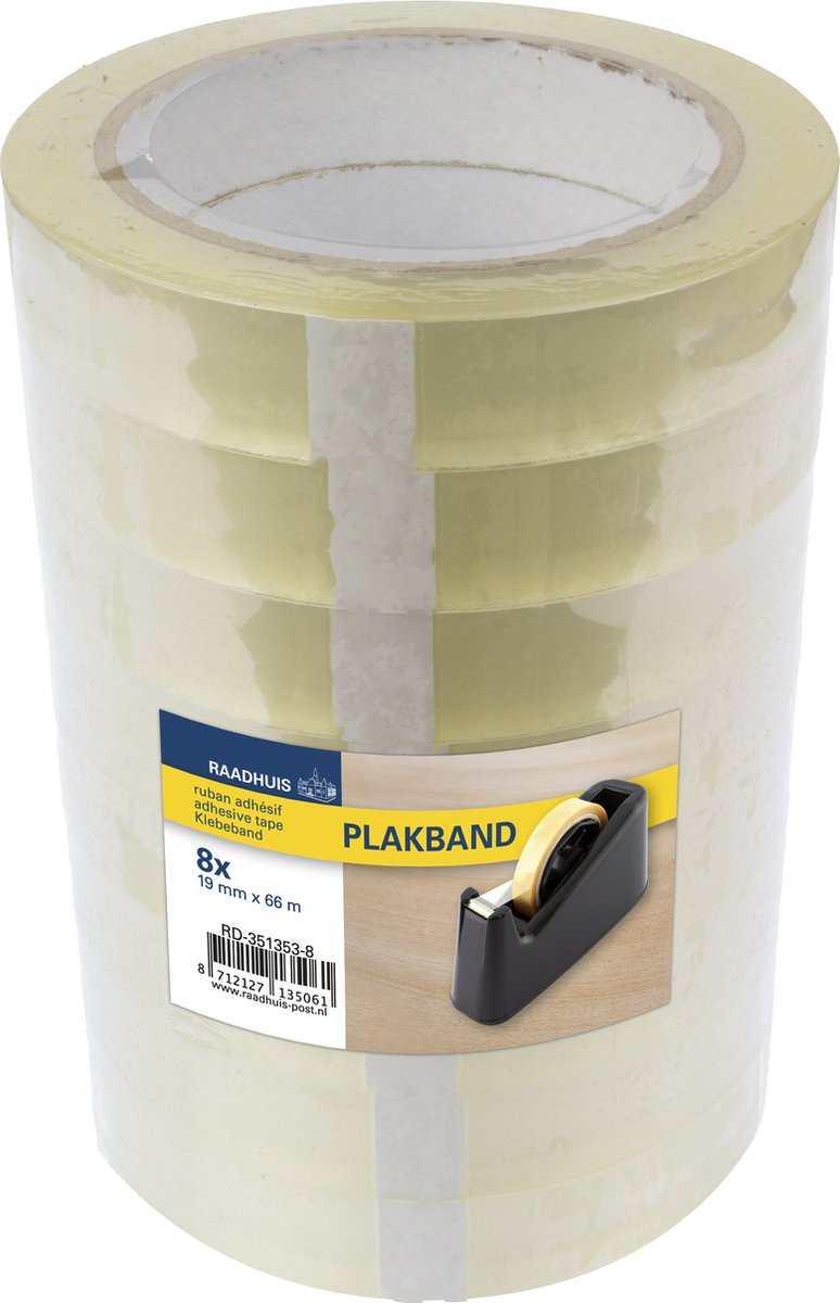 Raadhuis plakband - 19mm x 66m - pp - transparant - krimp a 8 rol - rd-351353-8
