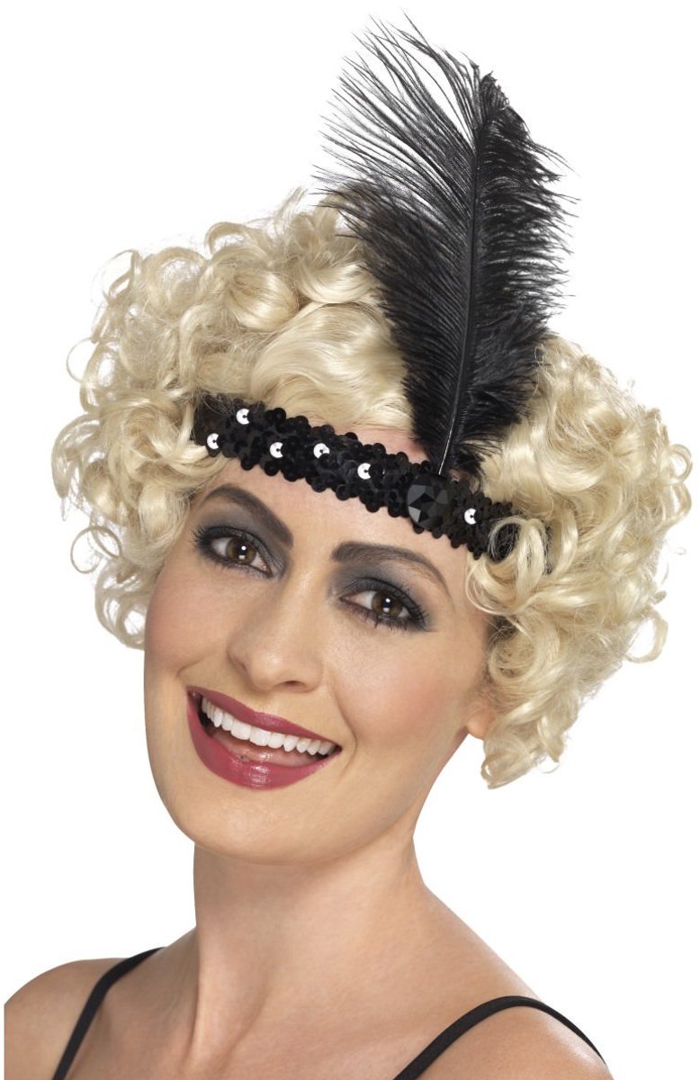 Smiffys - hoofdband - charleston - met veer - zwart