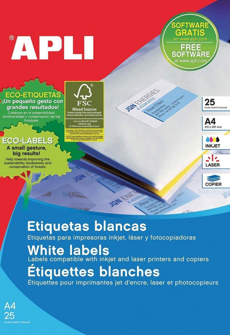 Apli stickers etiketten 10199 wit 35,6 x 16,9 mm a4 25 lakens