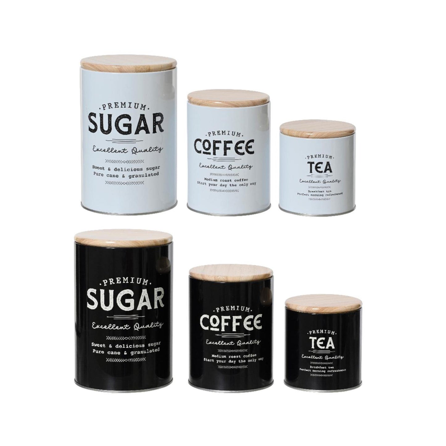 Decoris opbergblik set a 3 ø11cmh16.2cm met tekst sugar coffee en tea- zwart of wit
