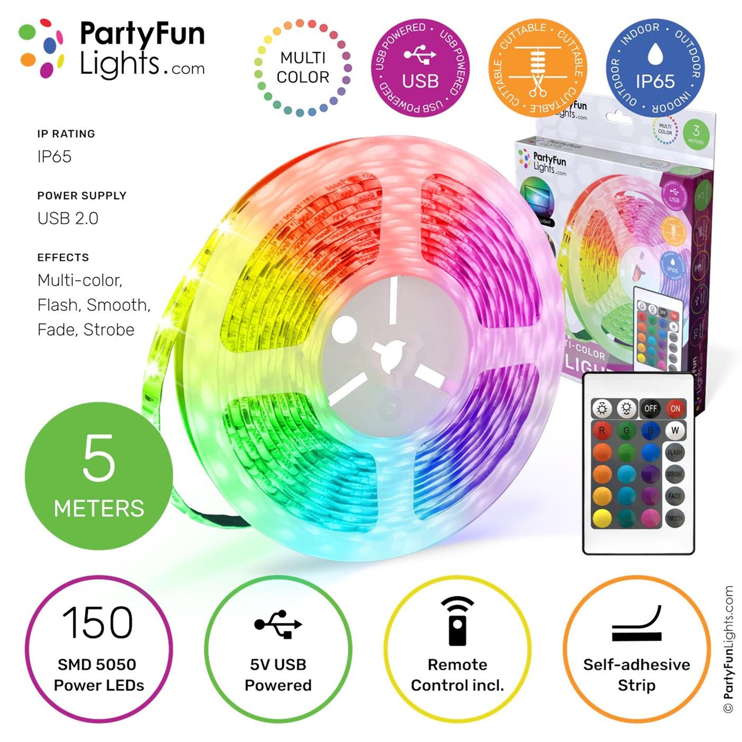 Partyfun lights usb led strip 5 meter ip65 met afstandsbediening, sefl-adhesive