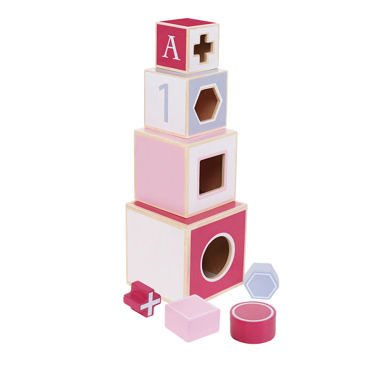 Jipy houten stapeltoren + 4 blokken roze