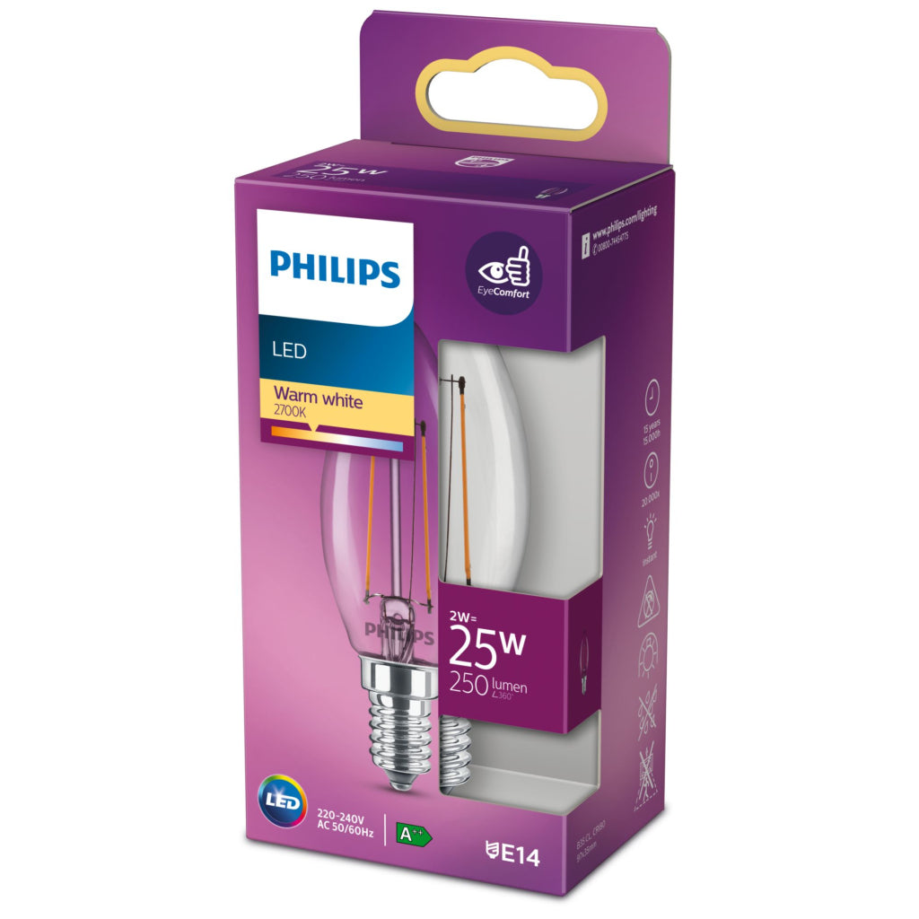 Philips led lamp - kaarslamp met e14 fitting - warmwit licht: 2700k - 25w - helder glas