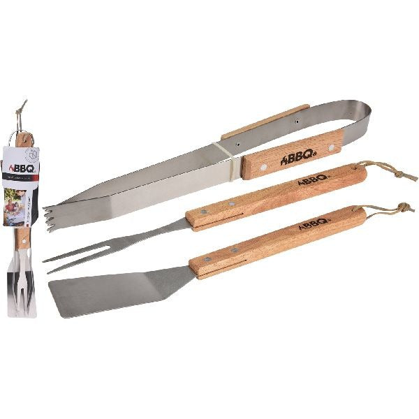 Bbq gereedschap rvs hout 36cm 3-delig