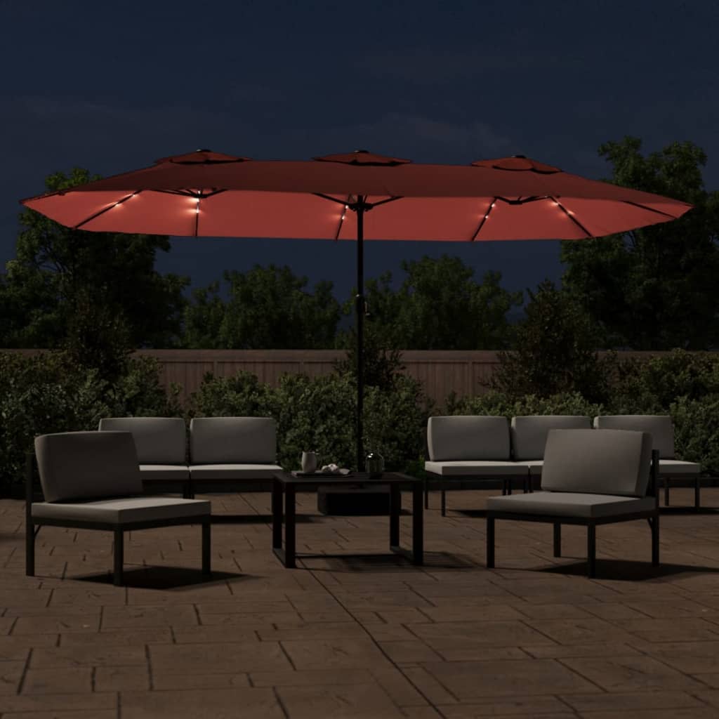 Vidaxl parasol dubbel dak met led 449x265 cm terracottakleurig