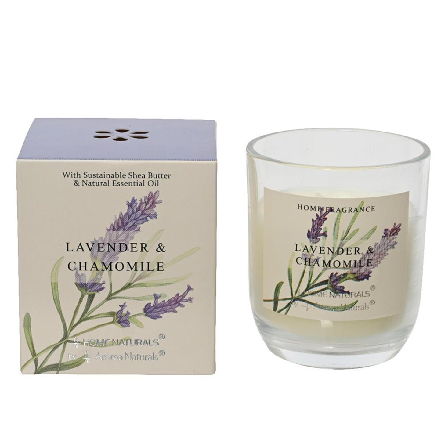 Decoris geurkaars in glas lavende enl kamille 20% shea butter wax dia7,8x9cm 20 branduren