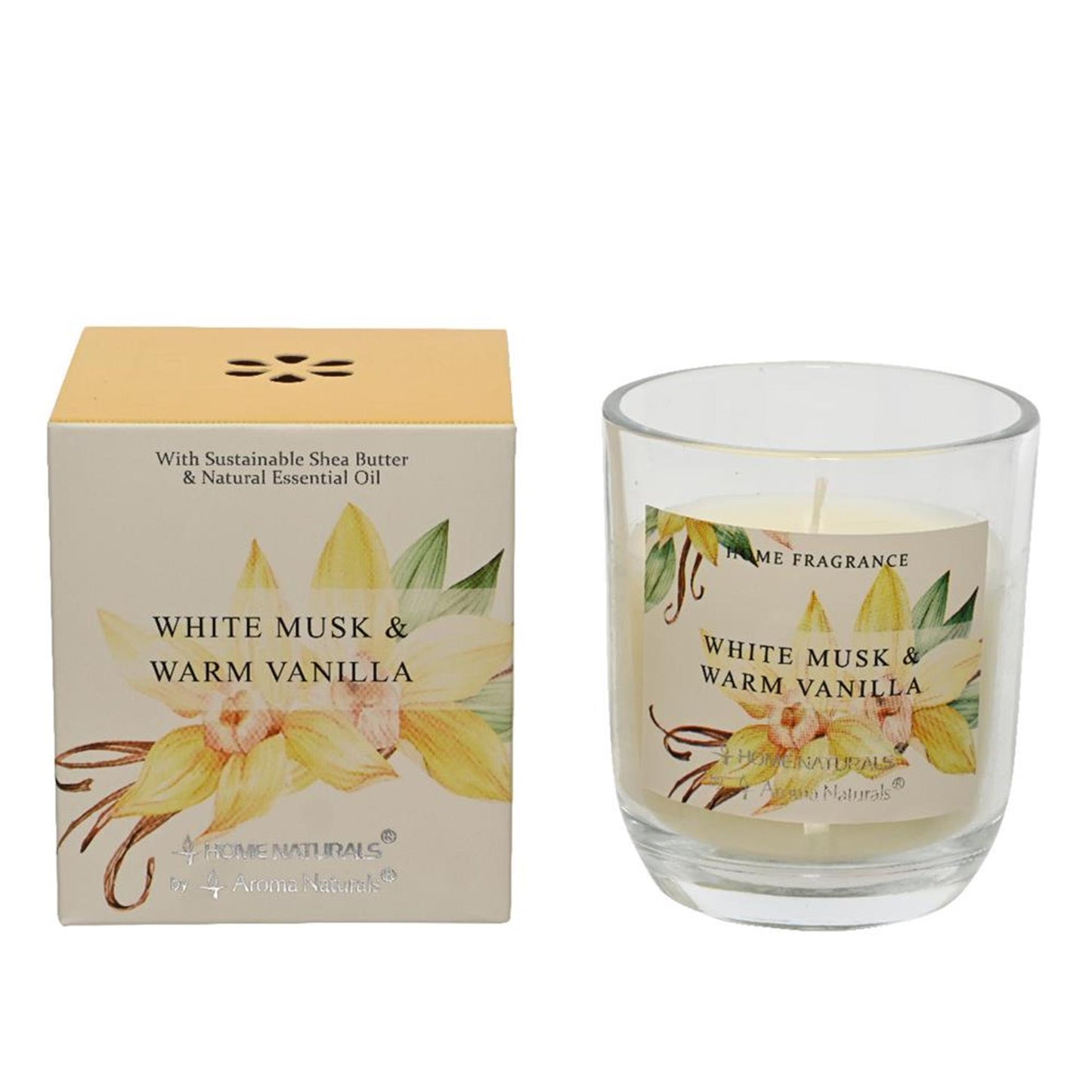 Decoris geurkaars in glas witte musk en warme vanille 20% shea butter wax dia7,8x9cm 20 branduren