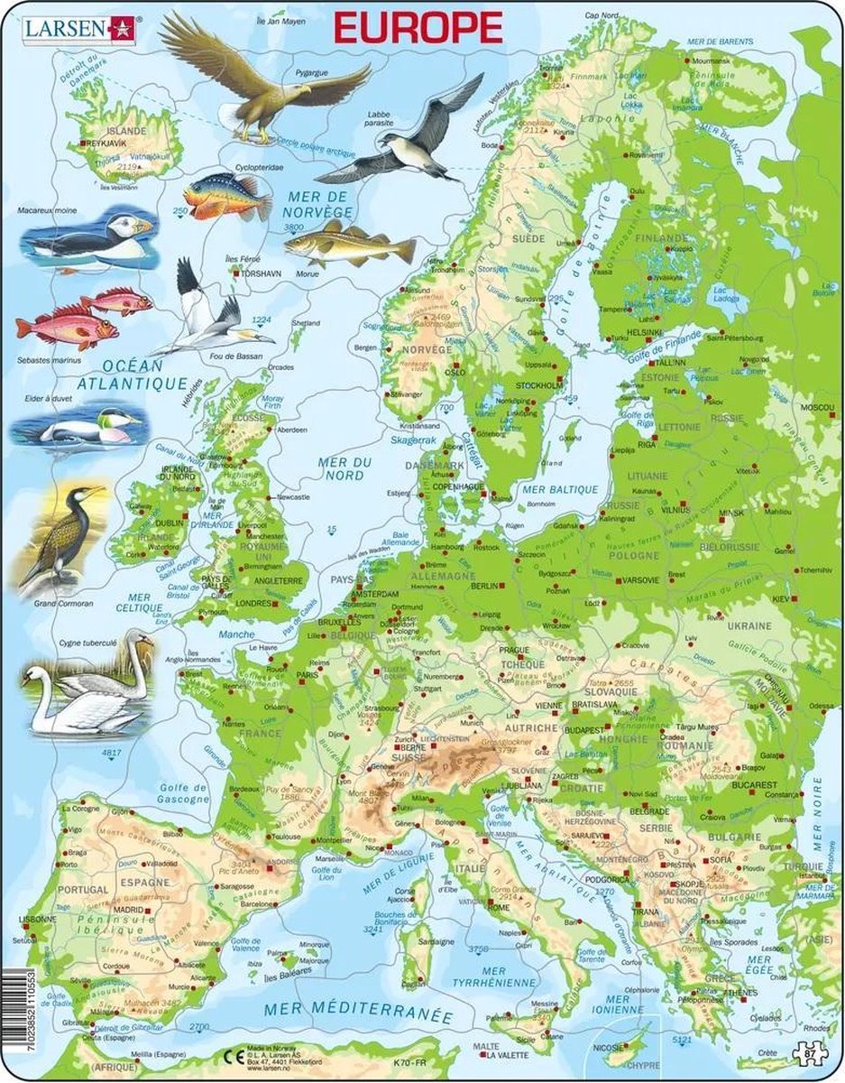 Larsen carte topographique de l’europe – puzzle – europe – géographie physique – puzzle éducatif pour enfants – 87 pièces – fabriqué en norvège – pièces extra épaisses de 2,5 mm – plateau avec bord fixe