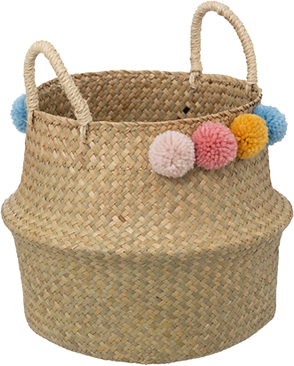 Atmosphera speelgoed opbergmand - pompoms - met handgreep - riet - opvouwbaar - 33 x 28 x 33 cm