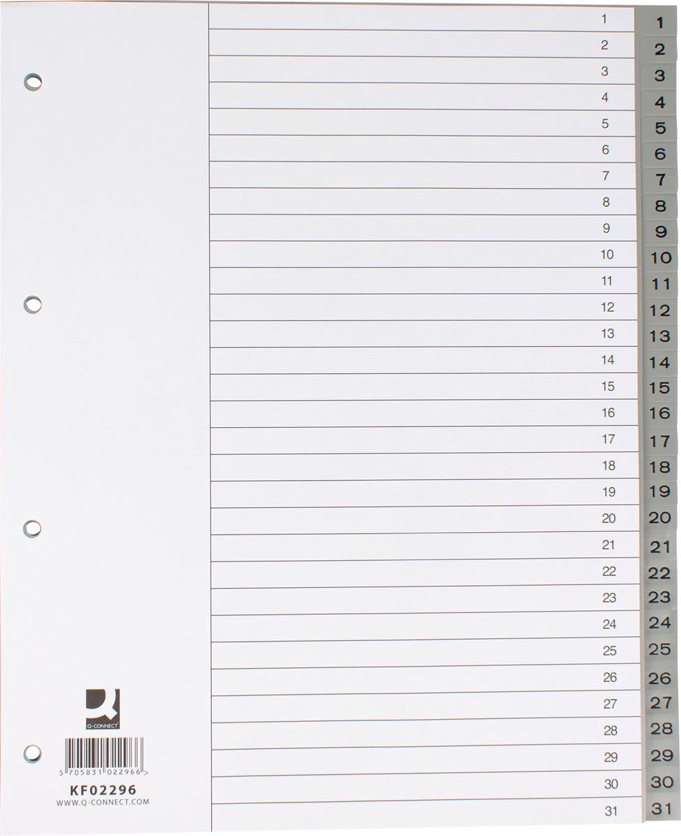 Q-connect numerieke tabbladen, a4, pp, 1-31, met indexblad, grijs