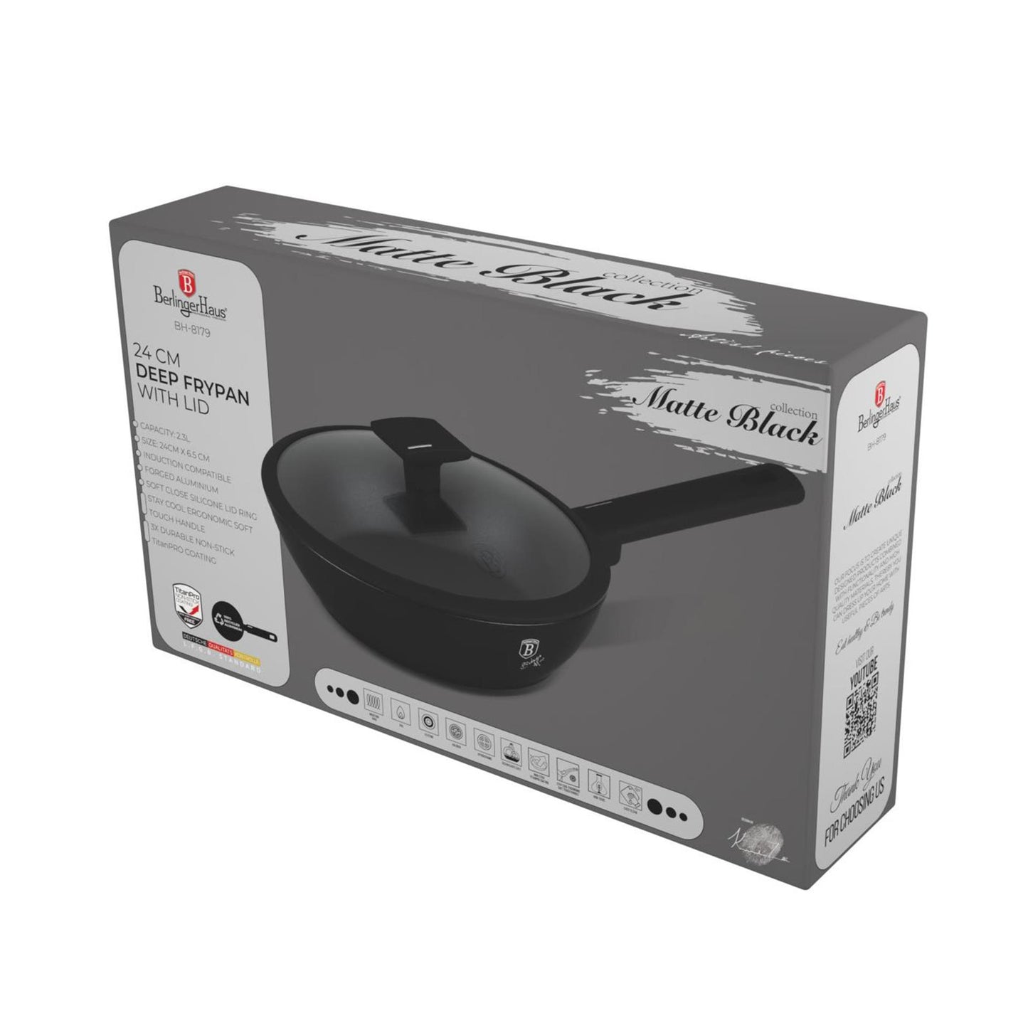 Berlingerhaus diepe koekenpan met deksel mat zwart 24cm