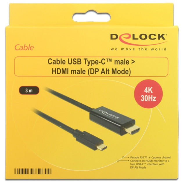 Delock usb-c (male) > hdmi (male) (dp alt mode) kabel (zwart, 3 meter, 4k 30 hz)