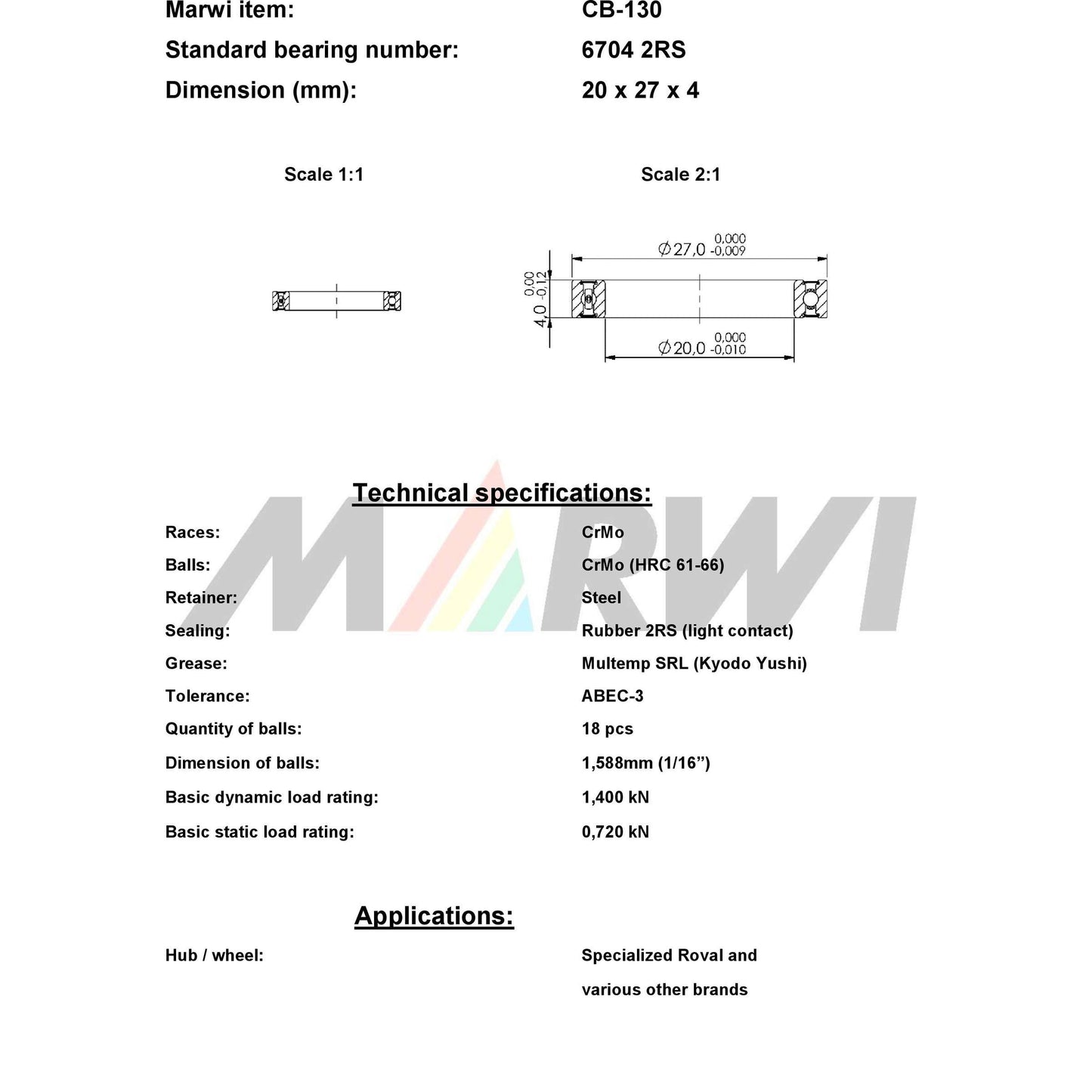 Union kogellager ball bearing cb-130 20x27x4