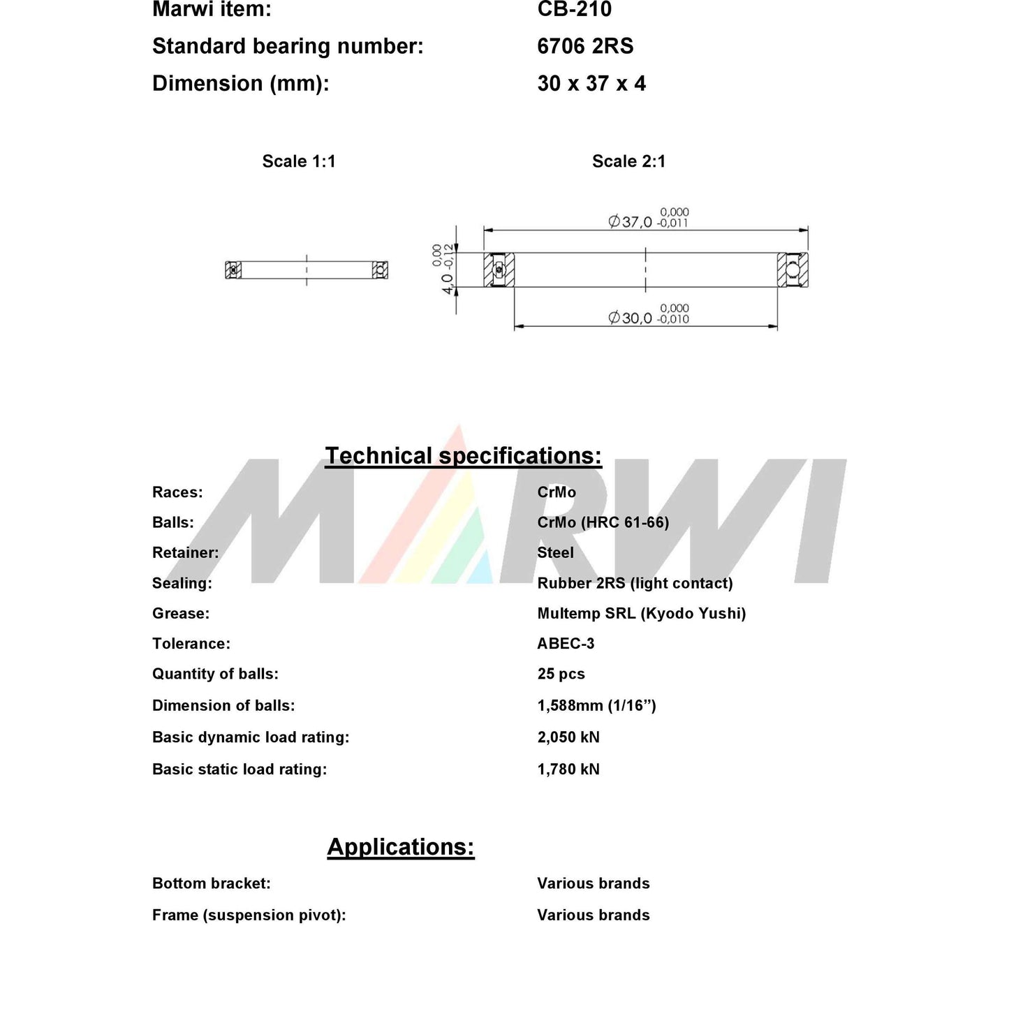 Union kogellager ball bearing cb-210 30x37x4