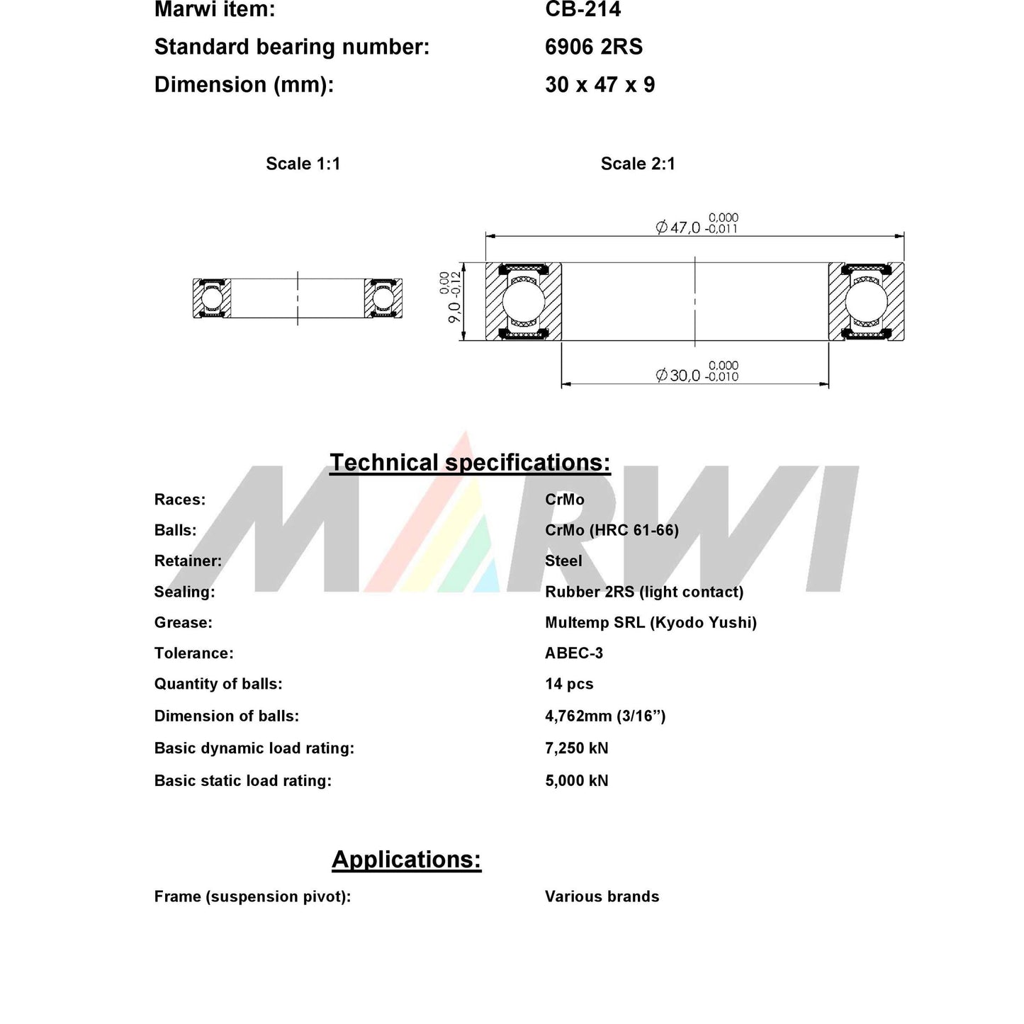 Union kogellager ball bearing cb-214 30x47x9