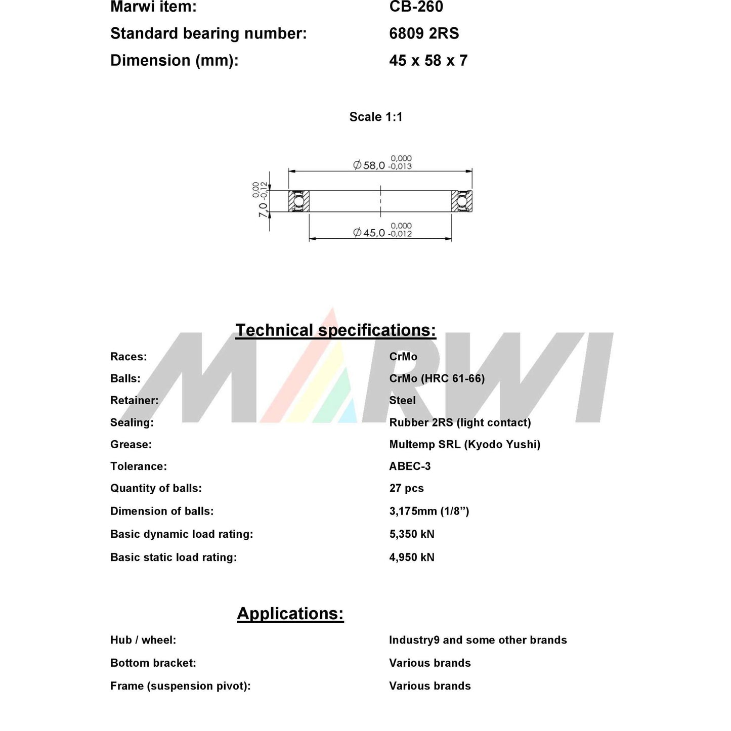 Union kogellager ball bearing cb-260 45x58x7