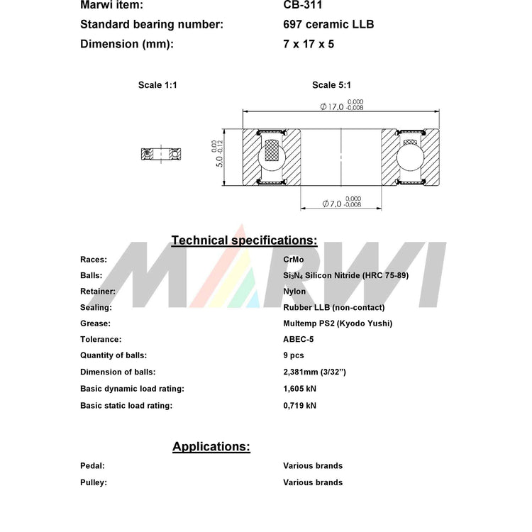 Union kogellager cb-311 697 llb 7x17x5 keramisch