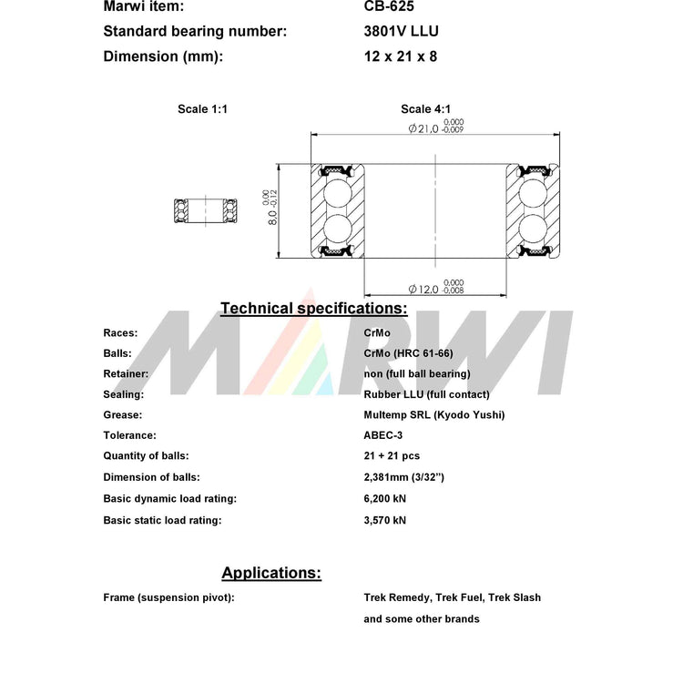 Union kogellager max cb-625 3801v 12x21x8