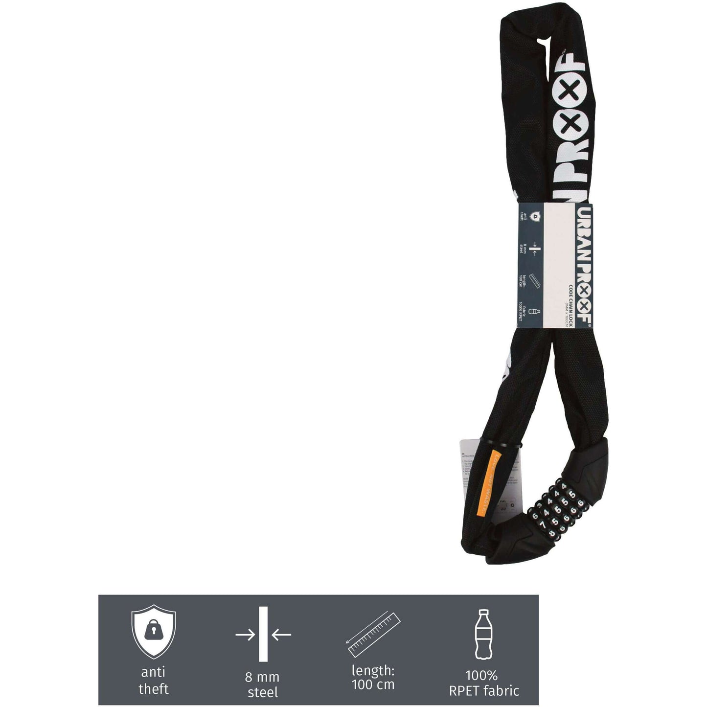 Urbanproof kettingslot met cijfercode 8mm*100cm zwart