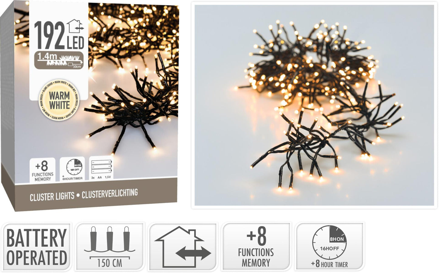 Home styling clusterverlichting 192led warmwit werkt op batterij (exlusief)