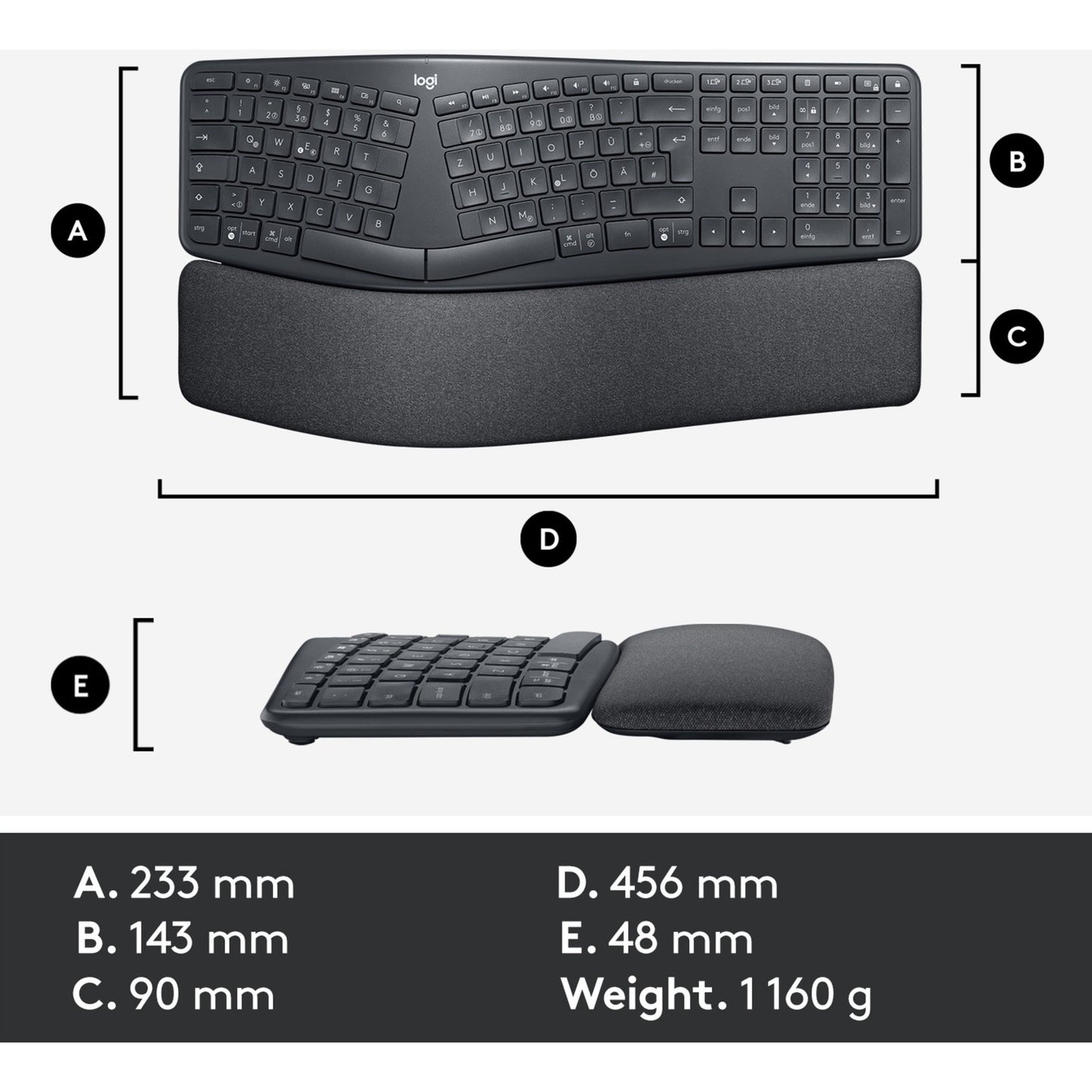 Logitech k860 ergo keyboard (zwart, 100%, bluetooth, us international iso)
