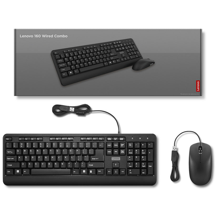 Lenovo 160 wired combo desktopset (zwart, us lay-out (qwerty), 100%, usb-a, 1.600 dpi)