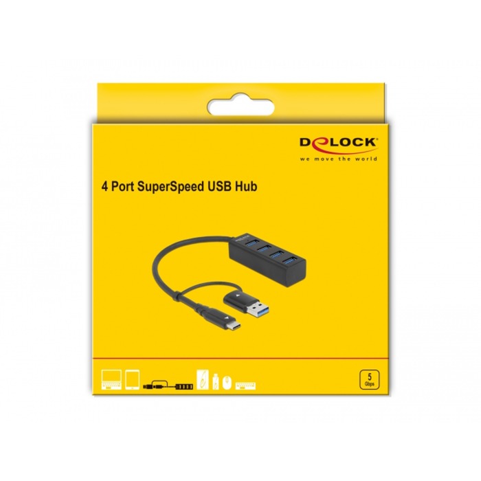 Delock 4-poorts usb 3.2 gen 1 hub met usb type-c of usb type-a aansluiting usb-hub (zwart)