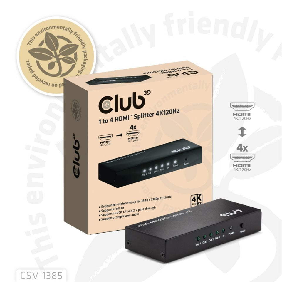 Club 3d hdmi splitter 1x > 4x hdmi 4k 120hz (zwart)