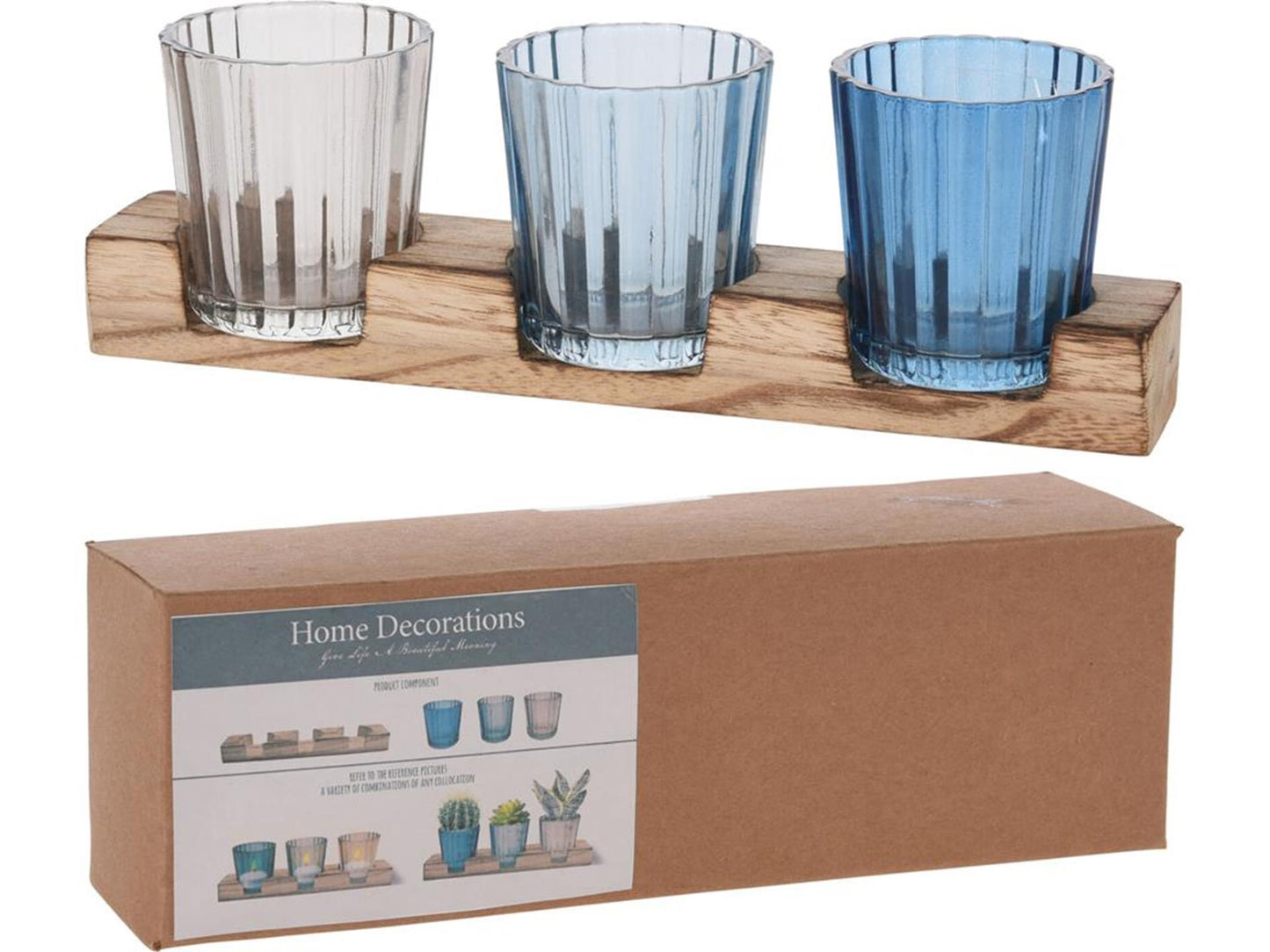 Home styling theelichthouderset glas op houten plank