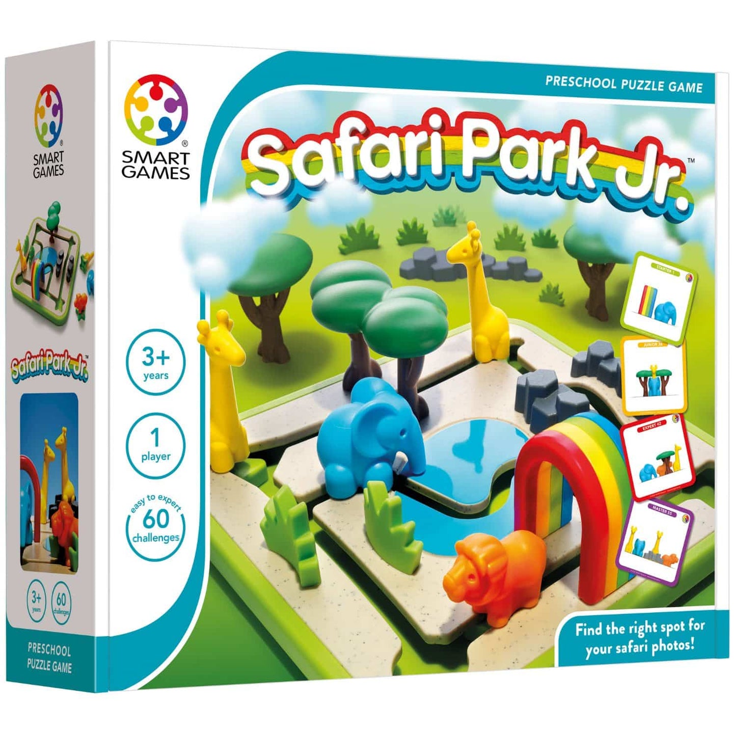 Smartgames safari park jr. - logisch denkspel vormenstoof - 60 educatieve puzzelopdrachten - solospel voor kleuters - vanaf 3 jaar - dieren - olifant, giraf, leeuw