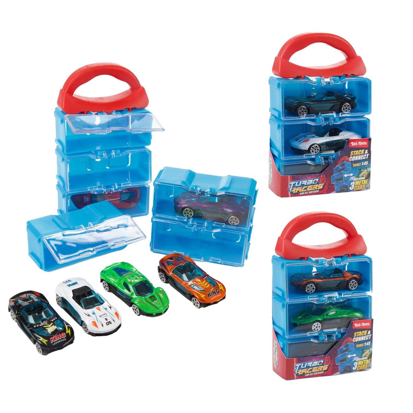 Toi-toys turbo racers opbergkoffer met 3 metalen auto's