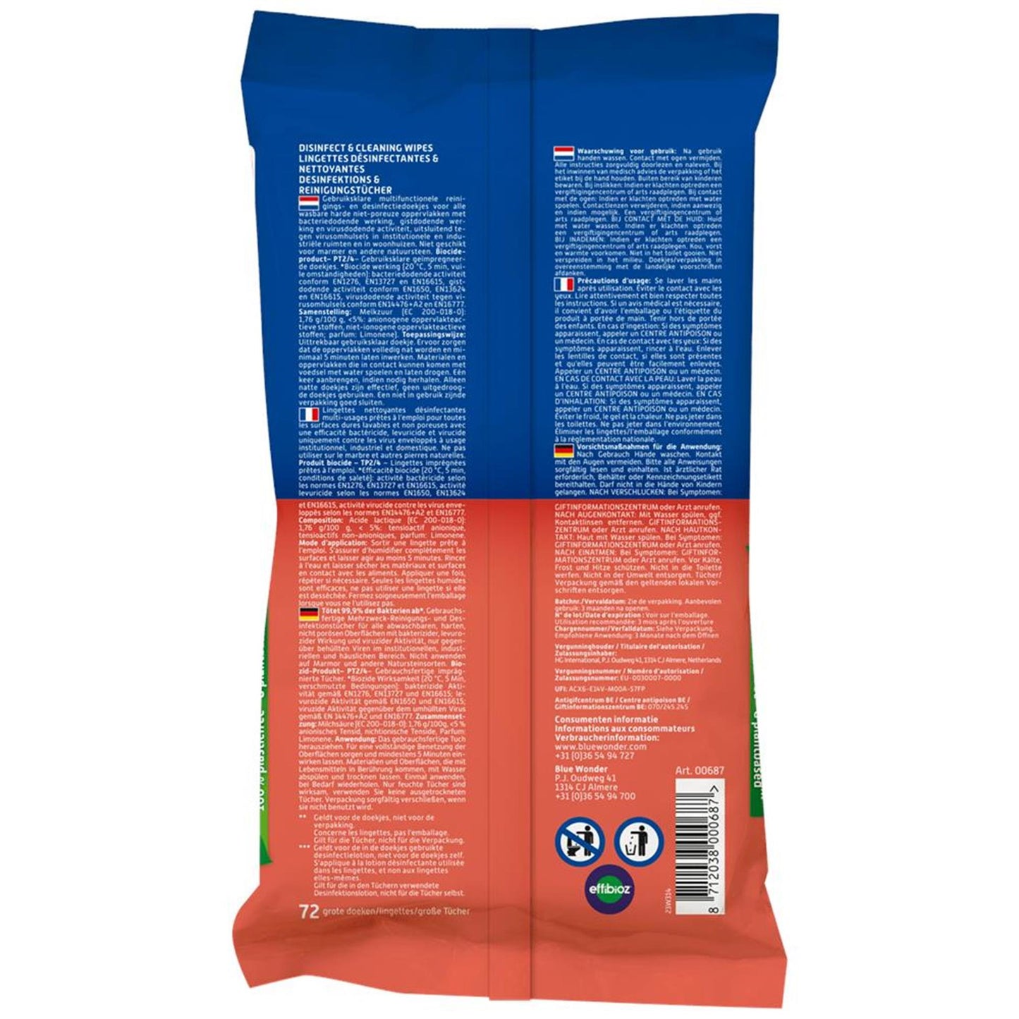 Blue wonder desinfectie doekjes 72st.
