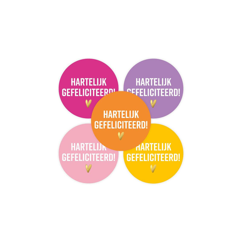 Kassaplan stickers hartelijk gefeliciteerd (5 kleuren) ø40mm rol a 250 stuks