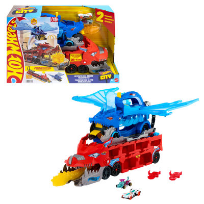 Hot wheels city - ultieme dubbele draak transportvoertuig en 2 speelgoedauto's